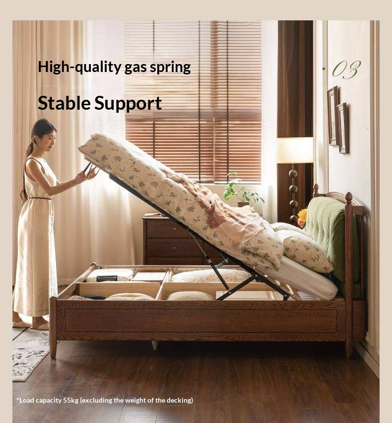 Oak Solid Wood French Country Tufted Storage Bed with Gas Lift and Turned Posts