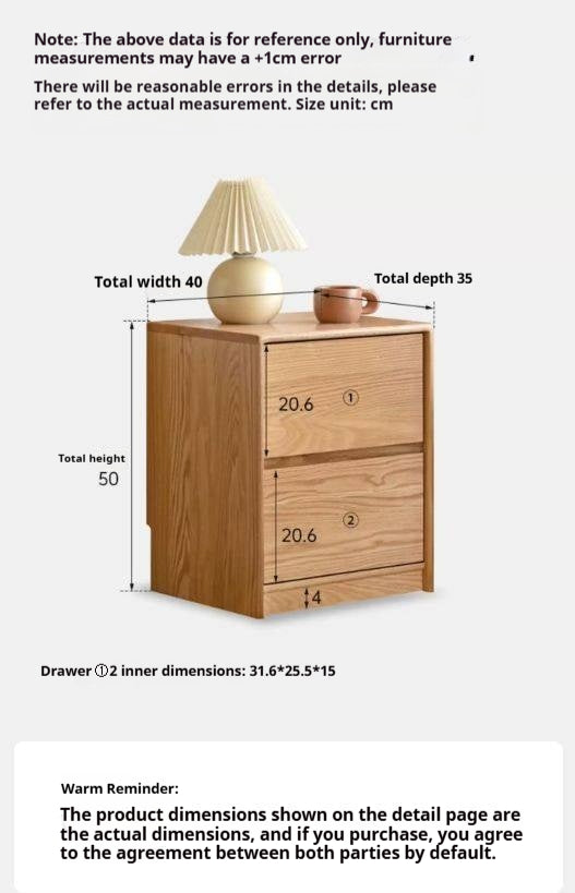 Oak Solid Wood, Solid Rubberwood Two Drawer Nightstand.