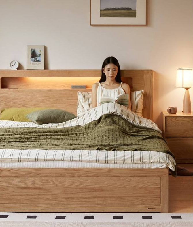 Oak Solid Wood Modern Minimalist Multifunctional with Light Box Bed