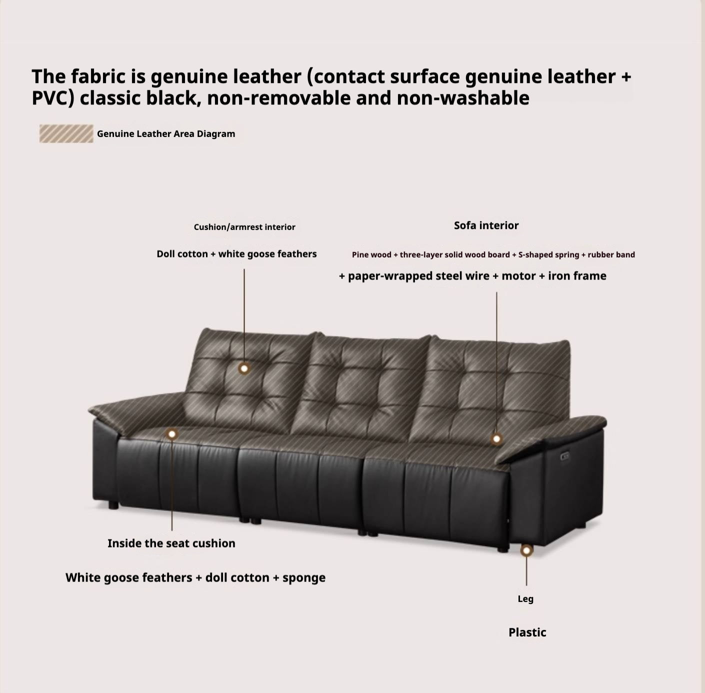 Pine Solid Wood Big Black Functional Leather Sofa