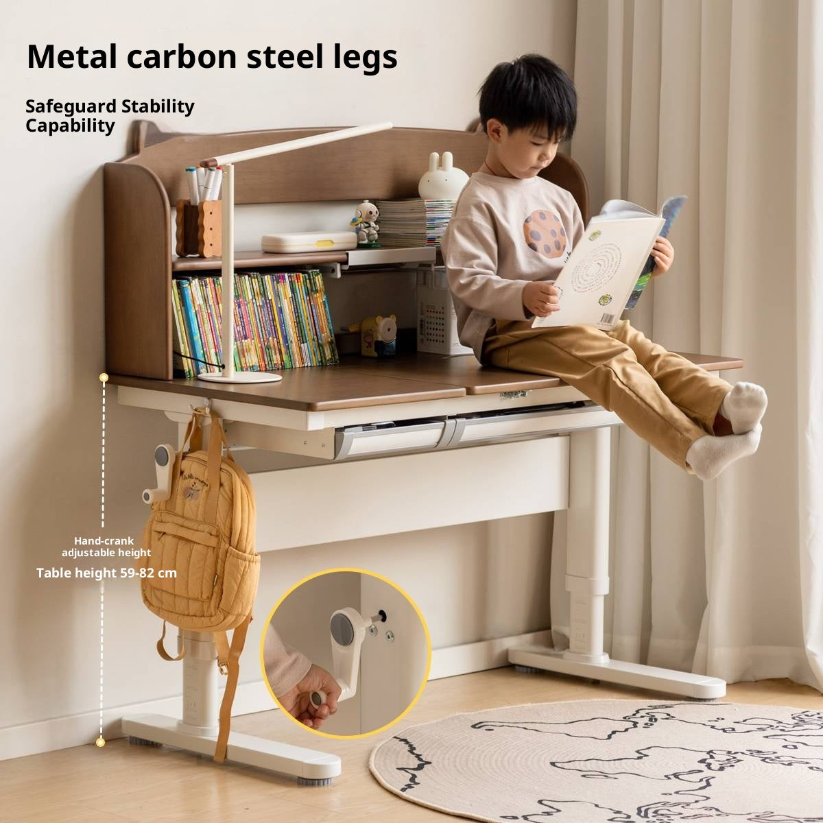 Solid Rubberwood Children s Hand-cranked Height Adjustable Desk
