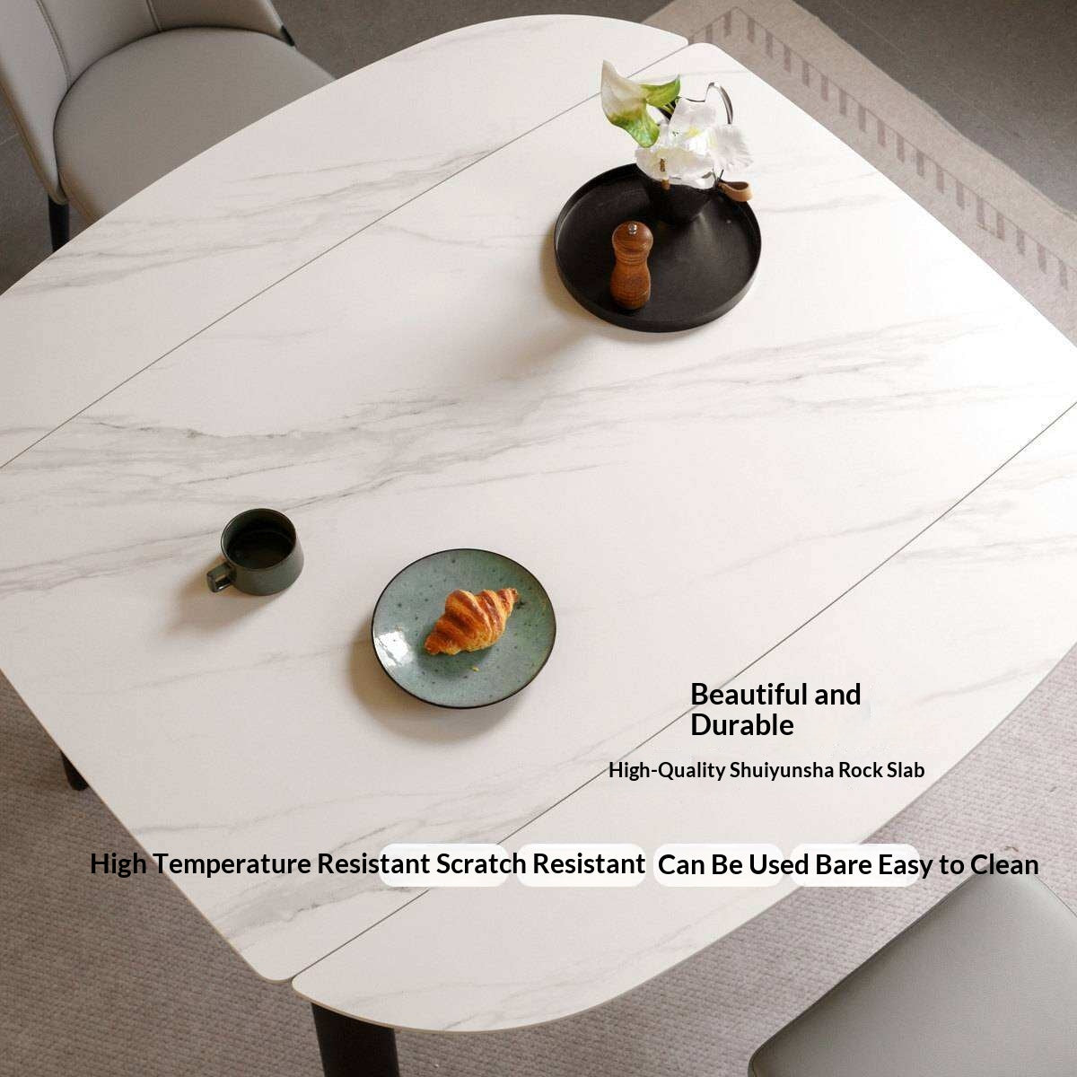 Solid RubberWood Extendable Dining Table with Marble-Look Stone Top and Rounded Corners