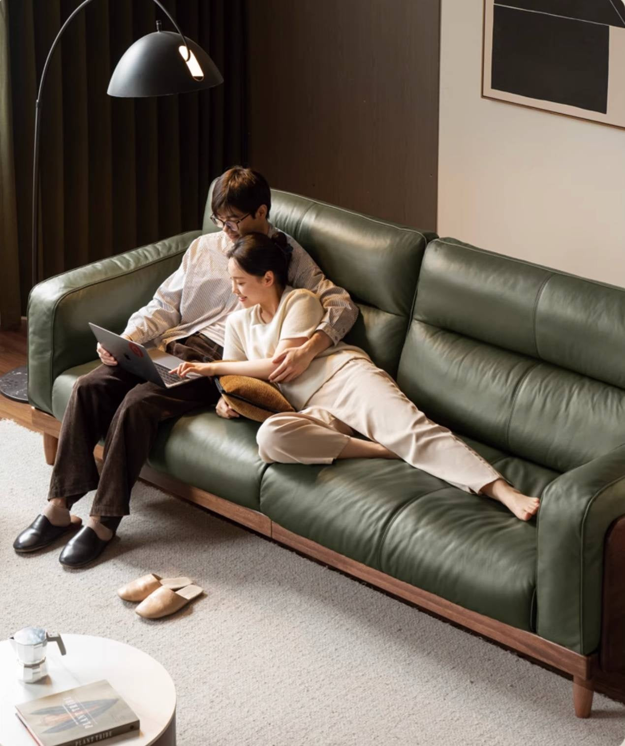 Sandalwood, Ash Solid Wood Genuine Leather, fabric High-Back Sofa