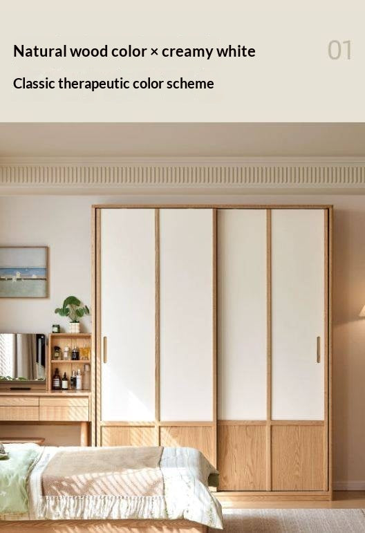 Oak Solid Wood Wardrobe with two-tone Sliding Doors