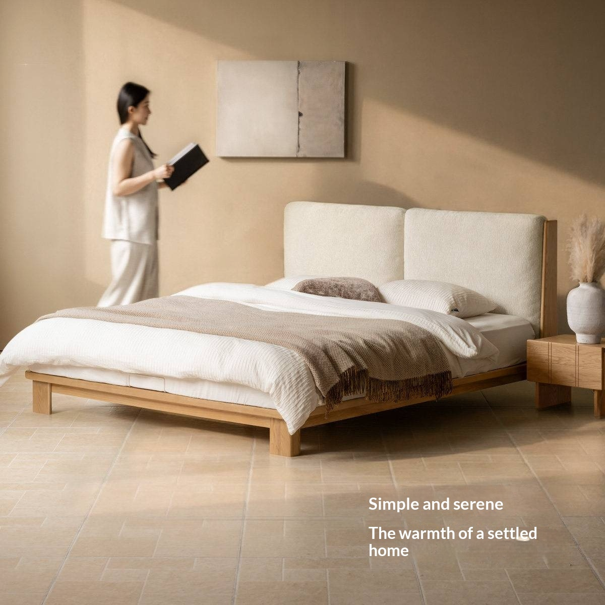 Ash Solid Wood Platform Bed with Split Panel Upholstered Headboard