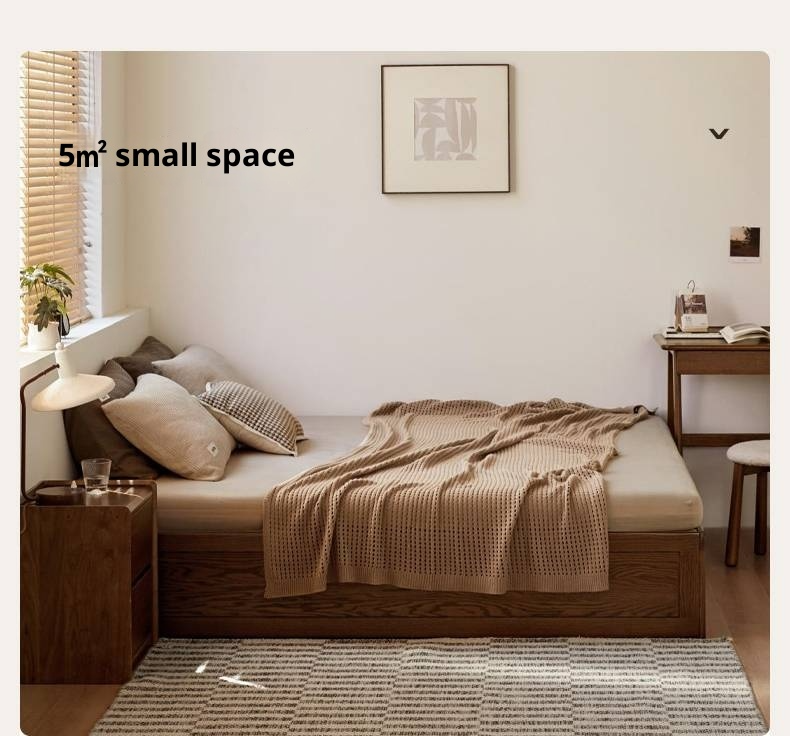 Oak, Rubberwood Solid Wood Platform Box Bed, Headboard-Free Bed Modern Minimalist