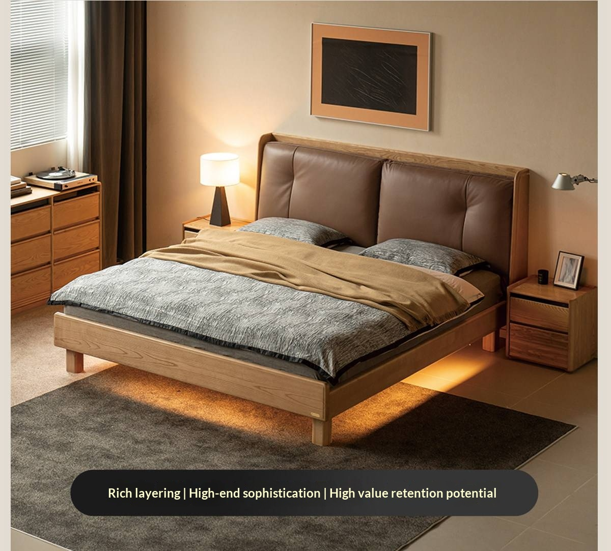 Ash Solid Wood Upholstered Floating Platform Bed with LED Lights