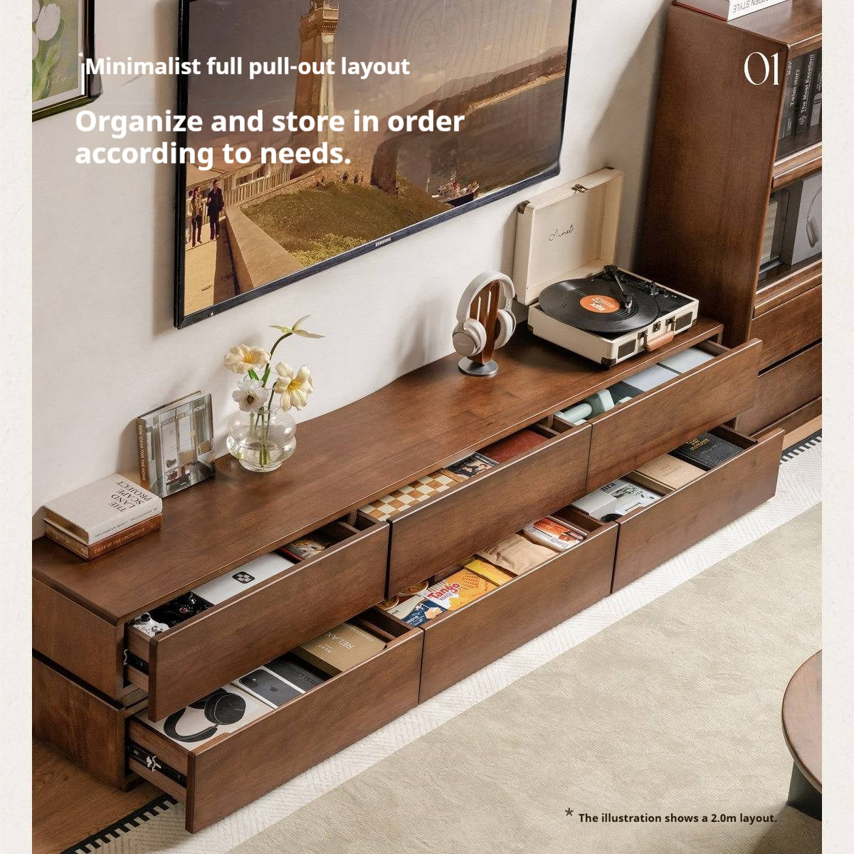 Solid Longan Hardwood Floating Media Console with Push-Open Drawers