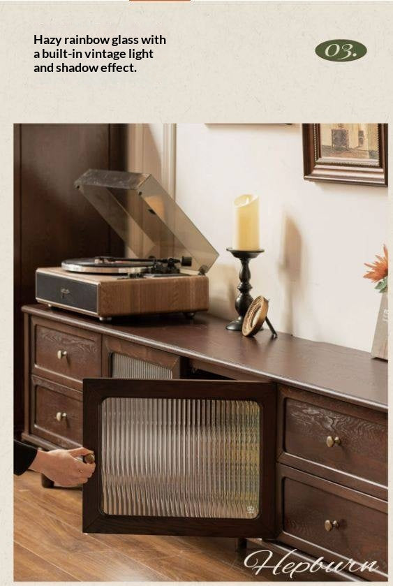 Ash Solid Wood Vintage TV Console with Fluted Glass Doors