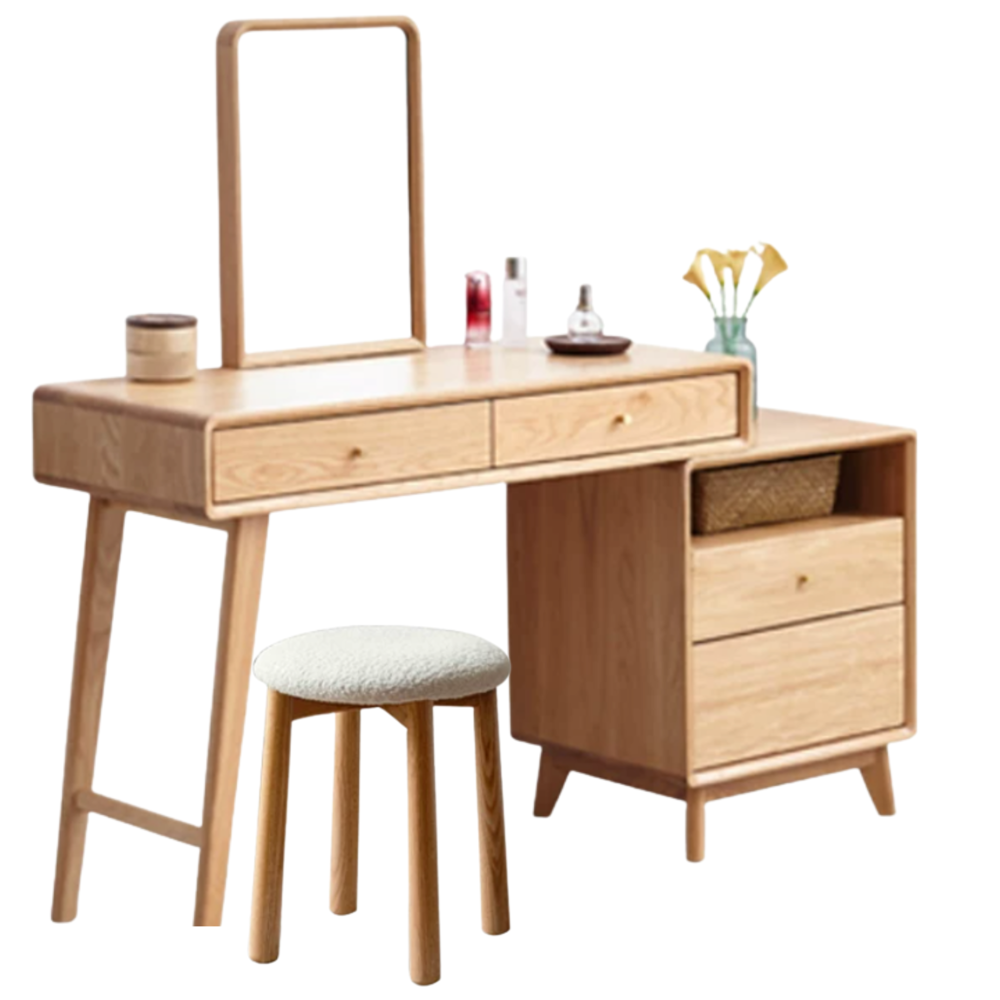 Oak, Rubberwood Solid Wood Vanity Table with Storage Cabinet