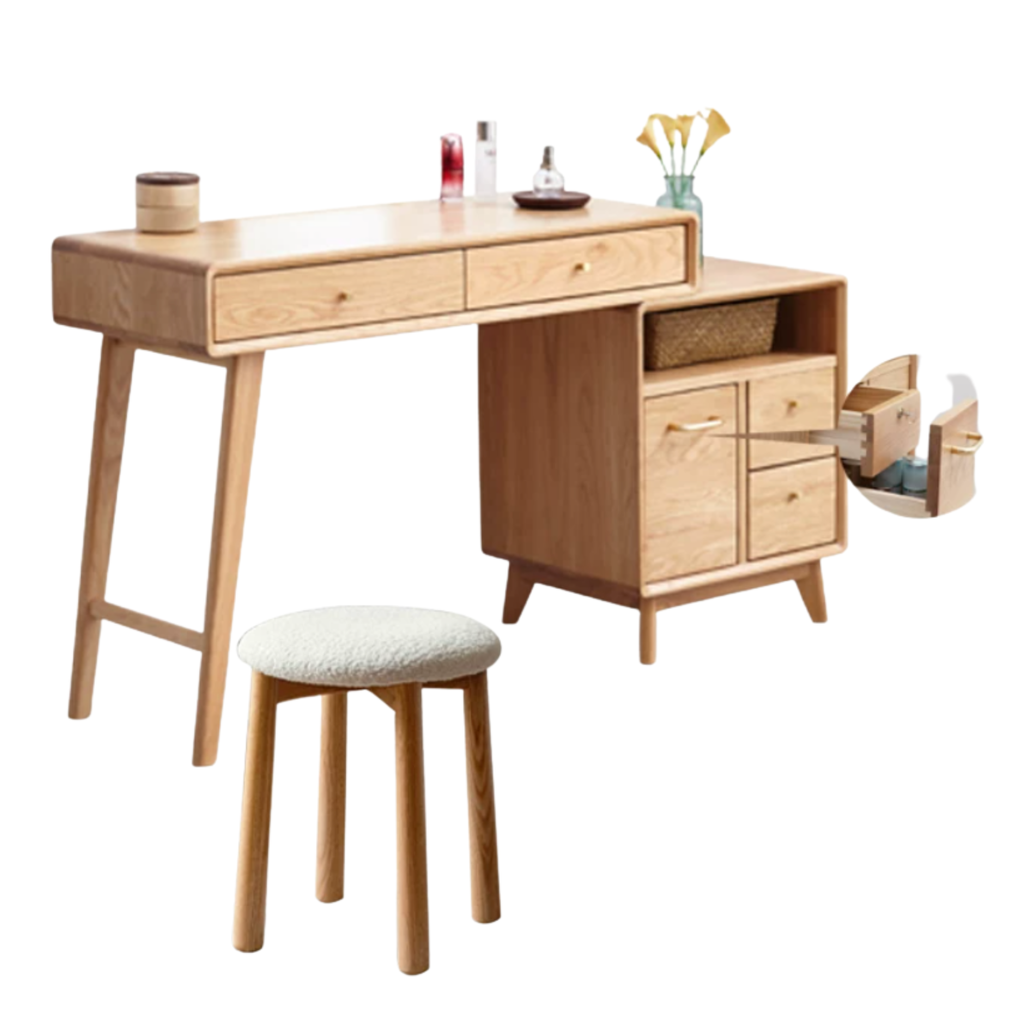 Oak, Rubberwood Solid Wood Vanity Table with Storage Cabinet
