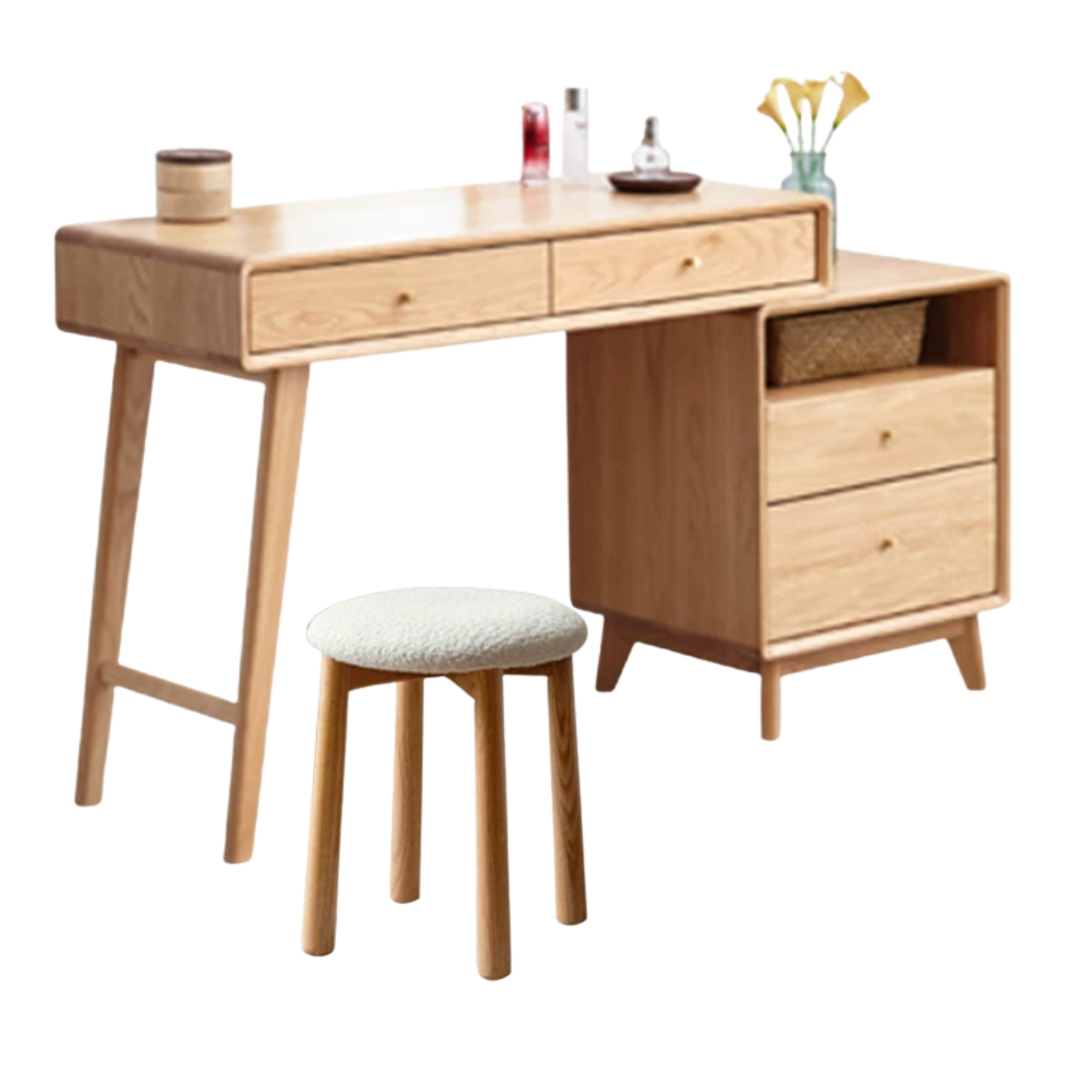 Oak, Rubberwood Solid Wood Vanity Table with Storage Cabinet