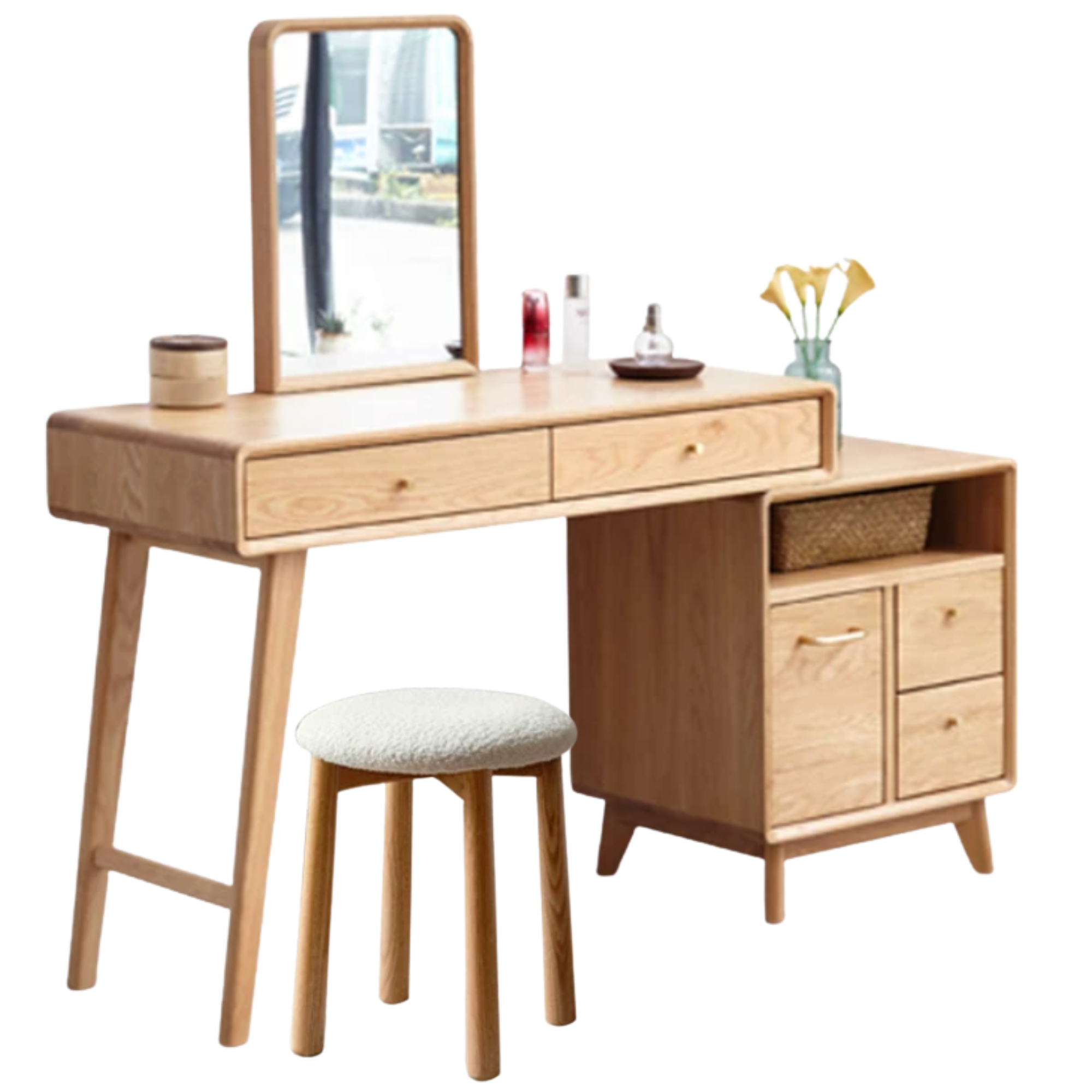 Oak, Rubberwood Solid Wood Vanity Table with Storage Cabinet