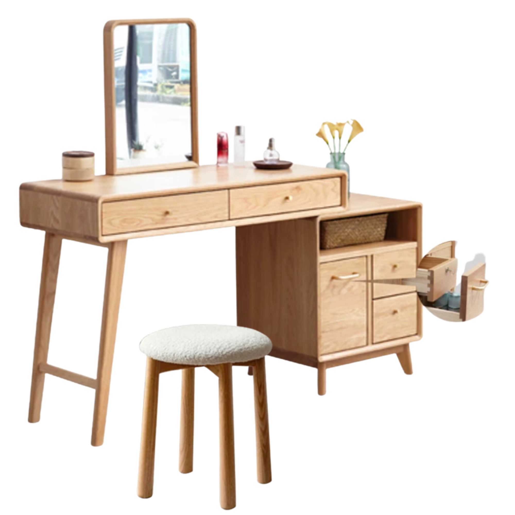 Oak, Rubberwood Solid Wood Vanity Table with Storage Cabinet