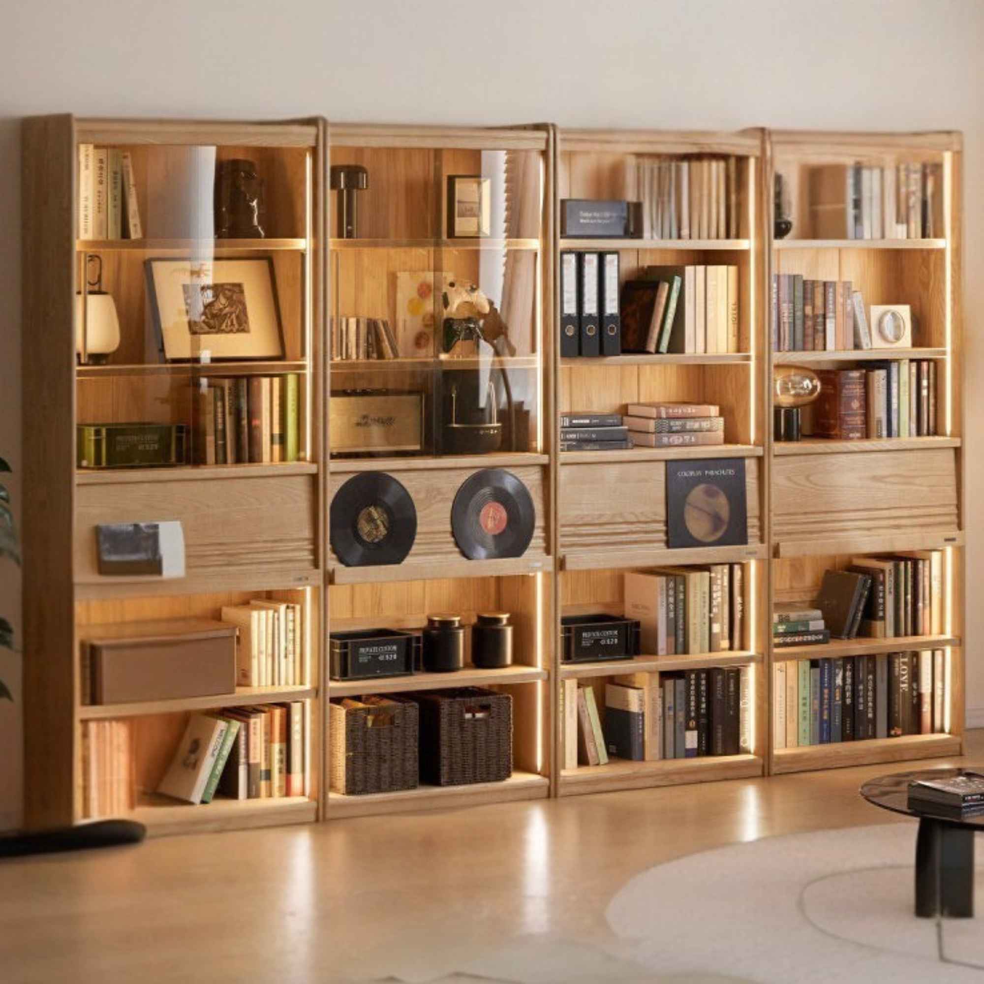 Oak Solid Wood Display Bookcase with Wall-Mounted Option and Storage Cabinet