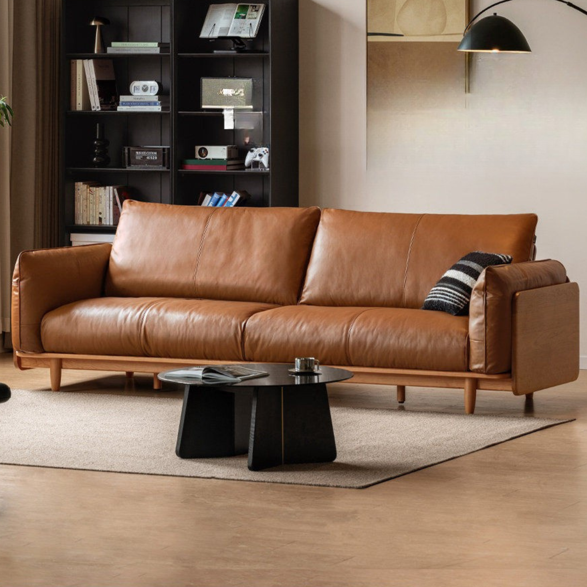 Cherry Wood Contemporary Casual Sofa Genuine Leather, Fabric
