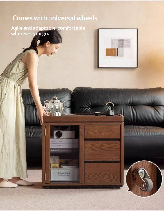 Ash Solid Wood Mobile Tea Cabinet Kettle Integrated