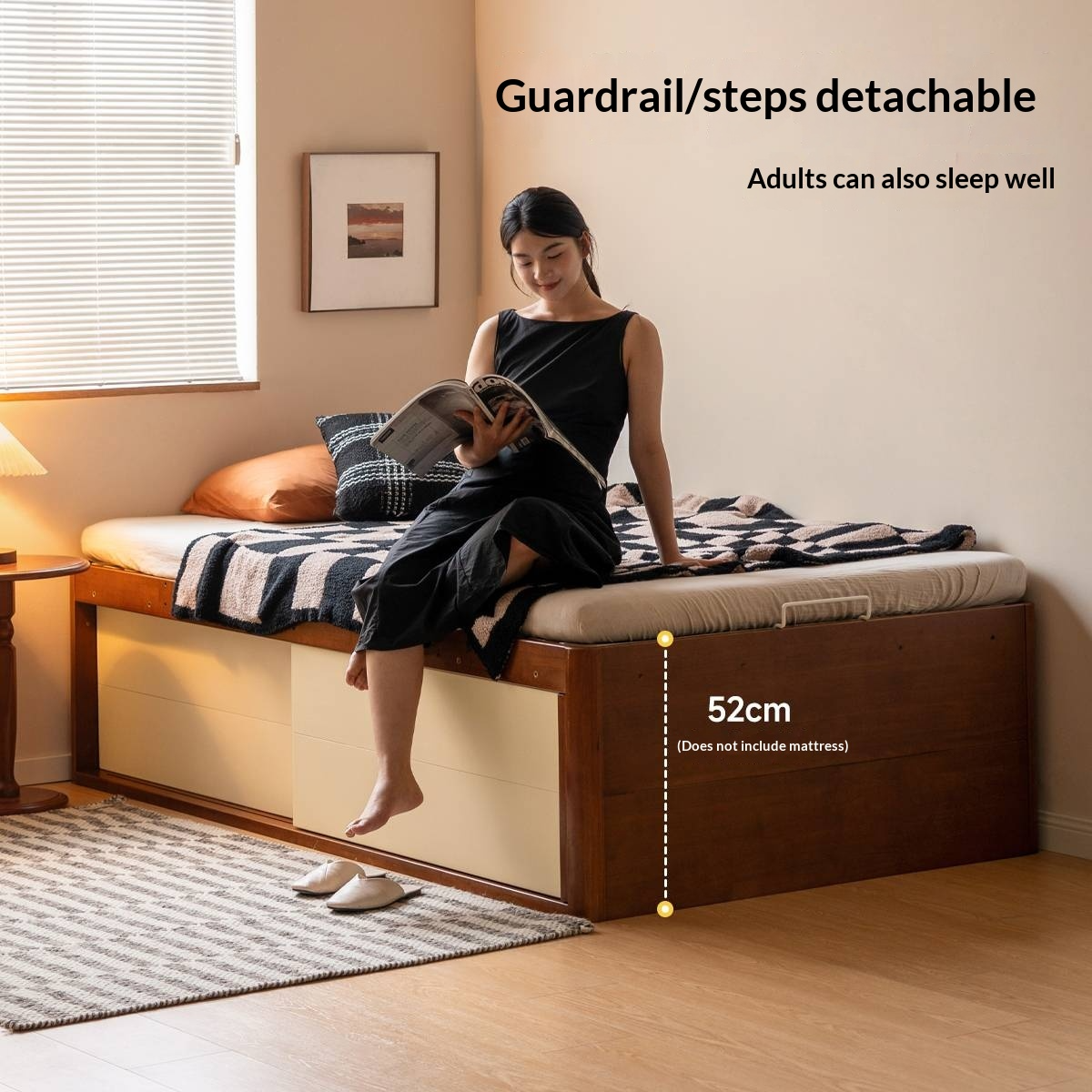 Rubberwood Solid Wood Kids’ Platform Bed and Hidden Storage