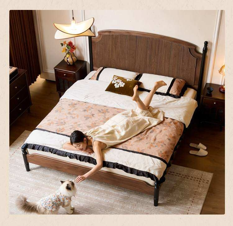 Black Walnut Solid Wood Bed with Reeded Arched Headboard and Turned Corner Posts