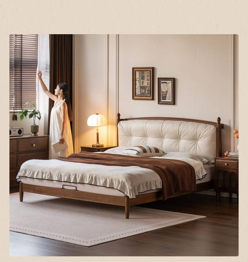 Black Walnut Solid Wood Genuine Leather Soft Bed