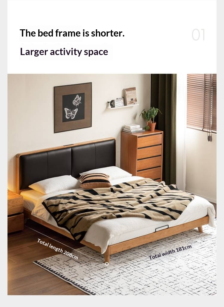 Cherry Solid Wood Bed with Top Layer Cowhide Soft Headboard Retro Style