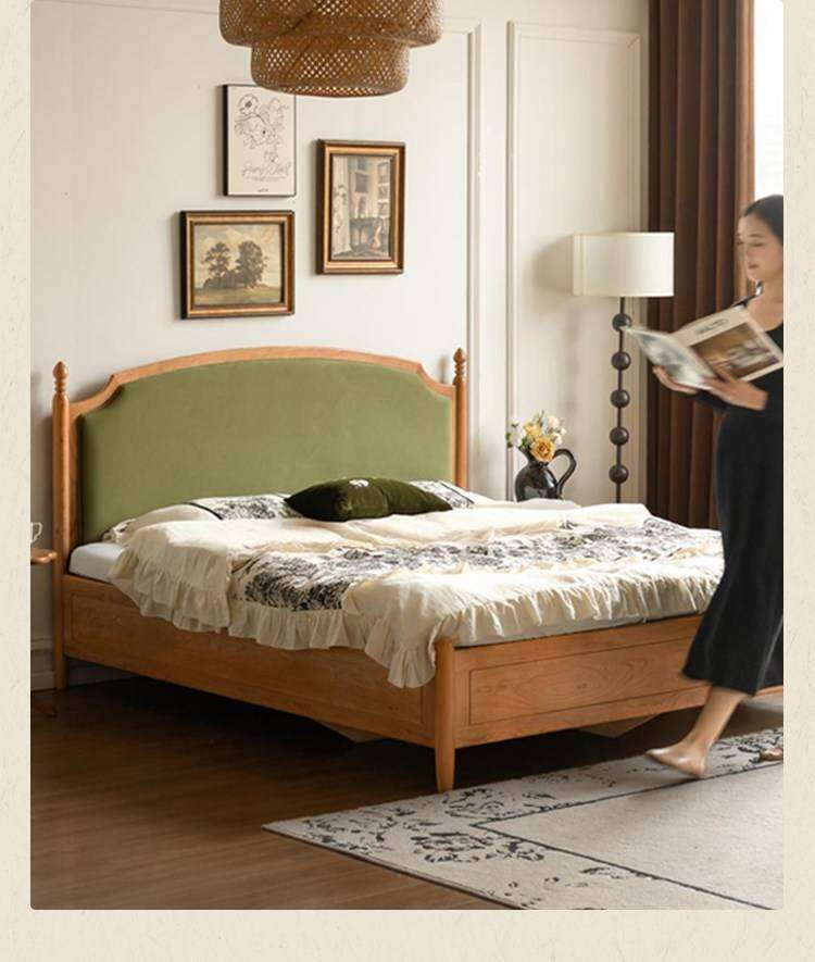 Cherry Solid Wood Box Bed with French Country Arched Upholstered Headboard and Spindle Posts