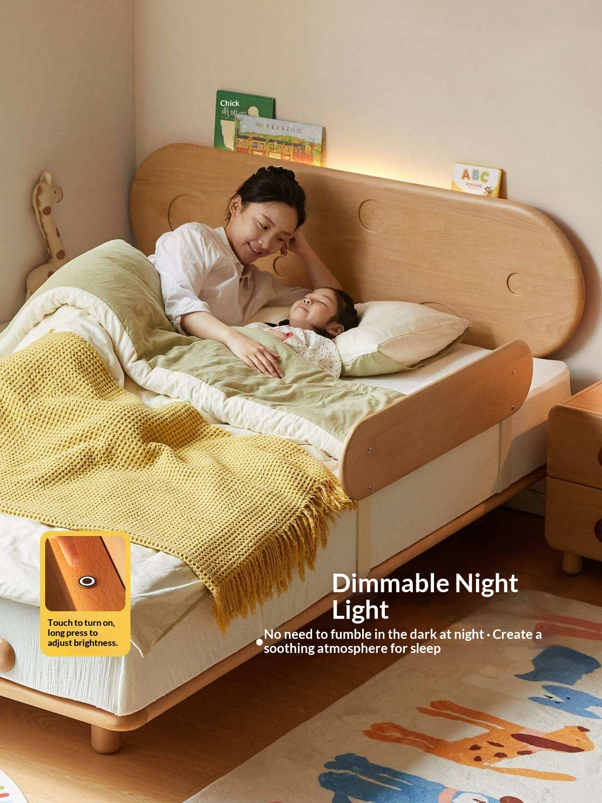 Beech Solid Wood Kids Floating Bed with Night Light and Optional Guardrails
