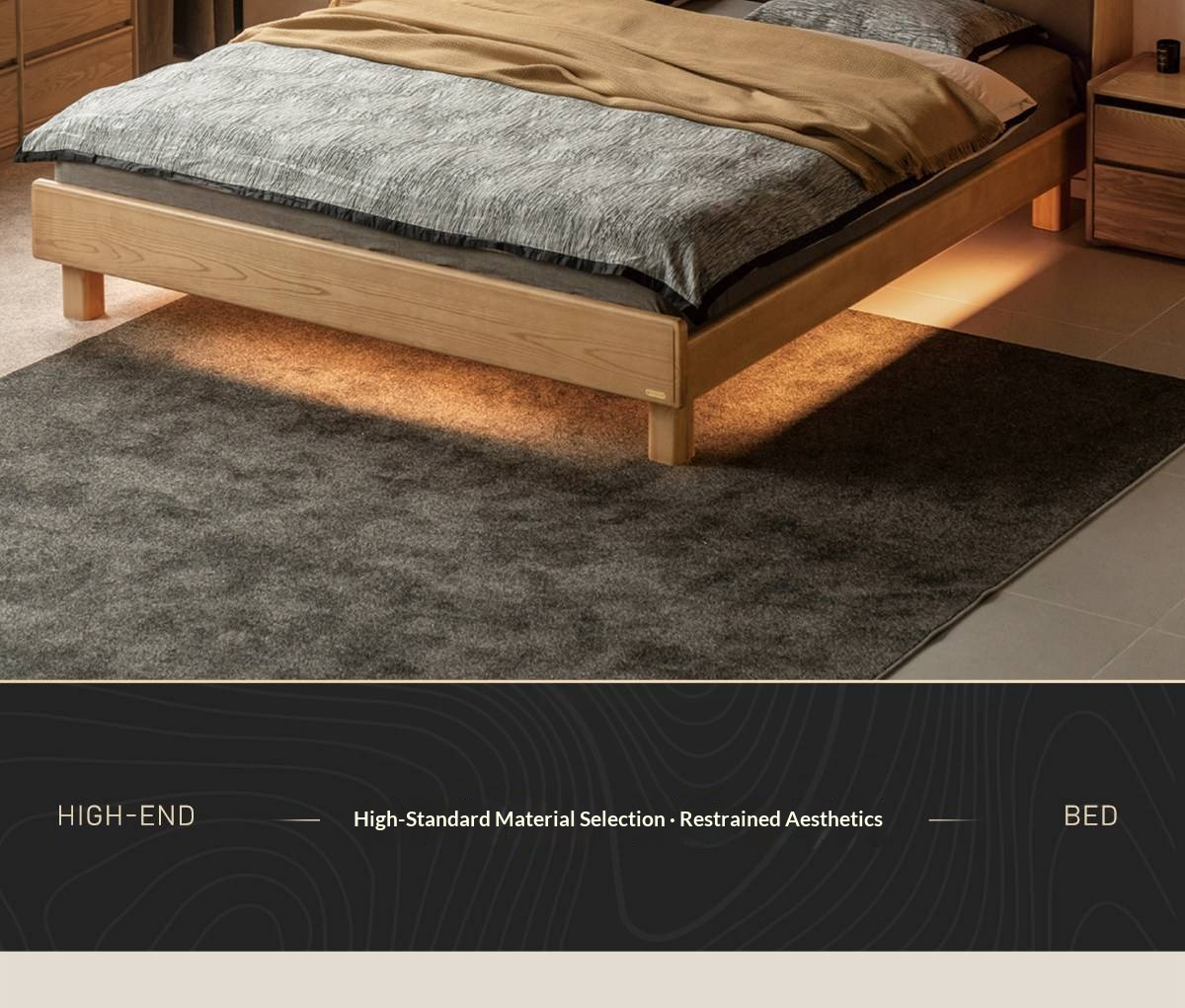 Ash Solid Wood Upholstered Floating Platform Bed with LED Lights
