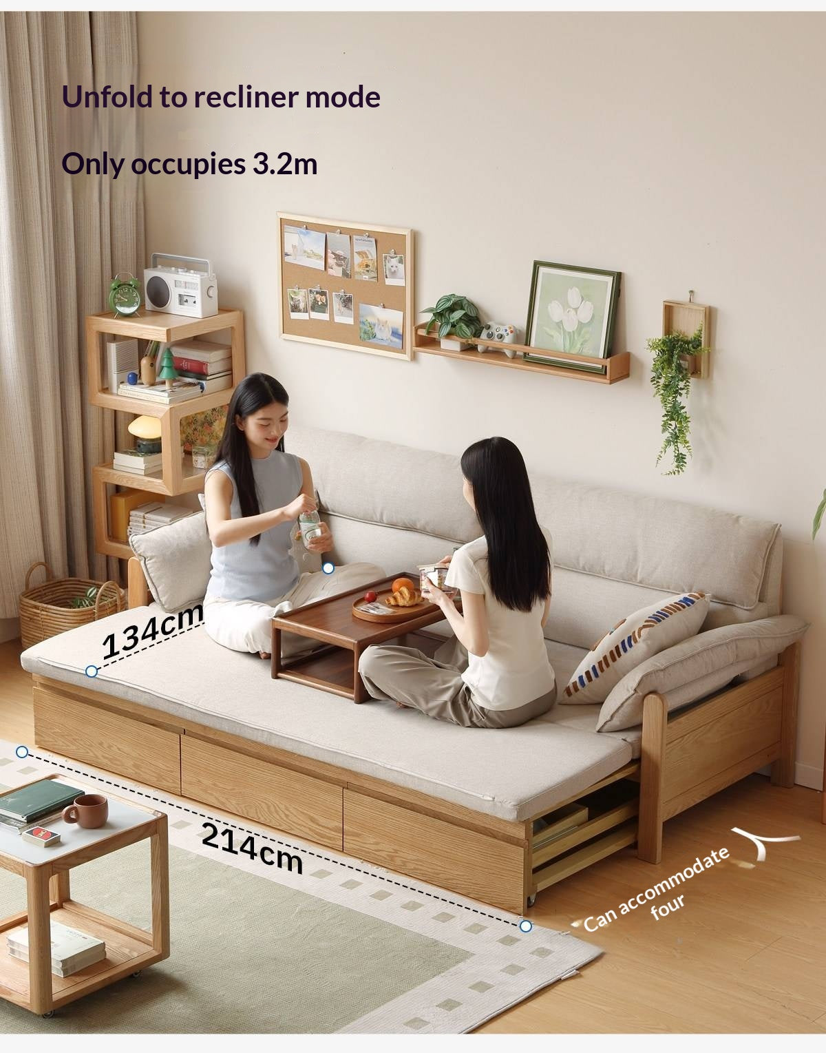 Oak Solid Wood Sofa Bed with Under-Seat Storage Drawers