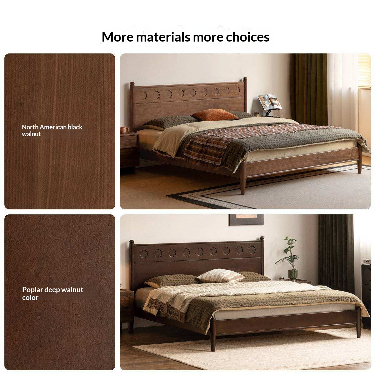 Rubberwood Solid Wood Platform Bed with Carved Dot Headboard and Spindle Legs