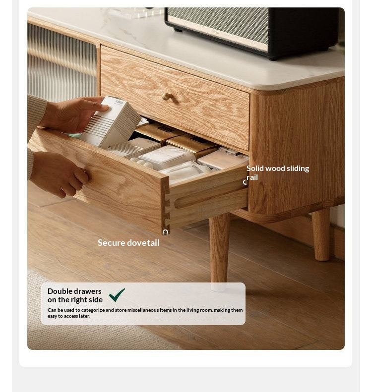 Oak, Poplar, Beech Solid Wood Sliding Door TV Stand With Rock Slab Surface.