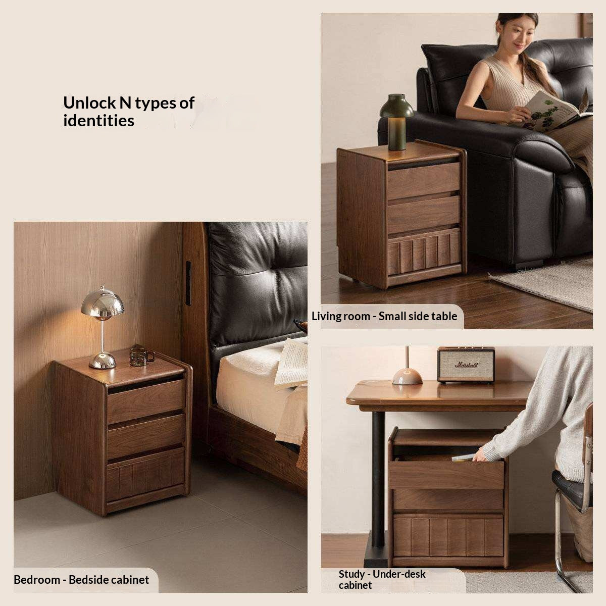 Black Walnut Solid Wood Nightstand Italian Style with Wheels