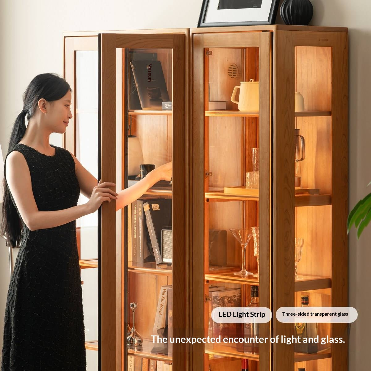 Cherry Solid Wood Bookcase with Glass Display Cabinets