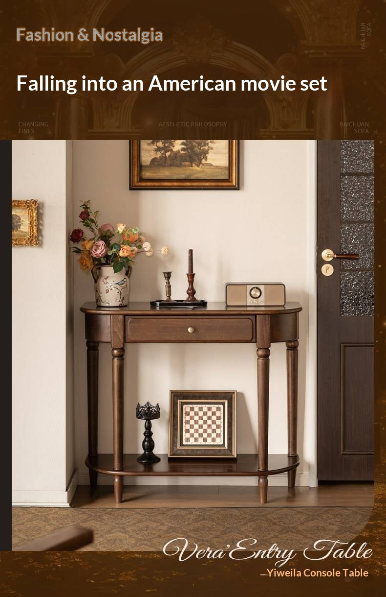 Sandalwood Solid Wood Traditional Demilune Console Table with Turned Legs and Drawer