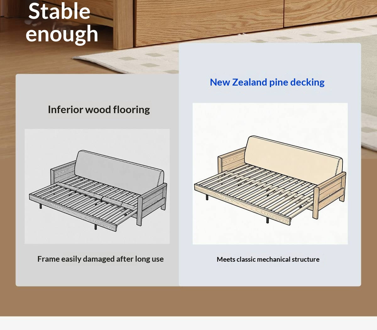 Oak Solid Wood Sofa Bed with Under-Seat Storage Drawers