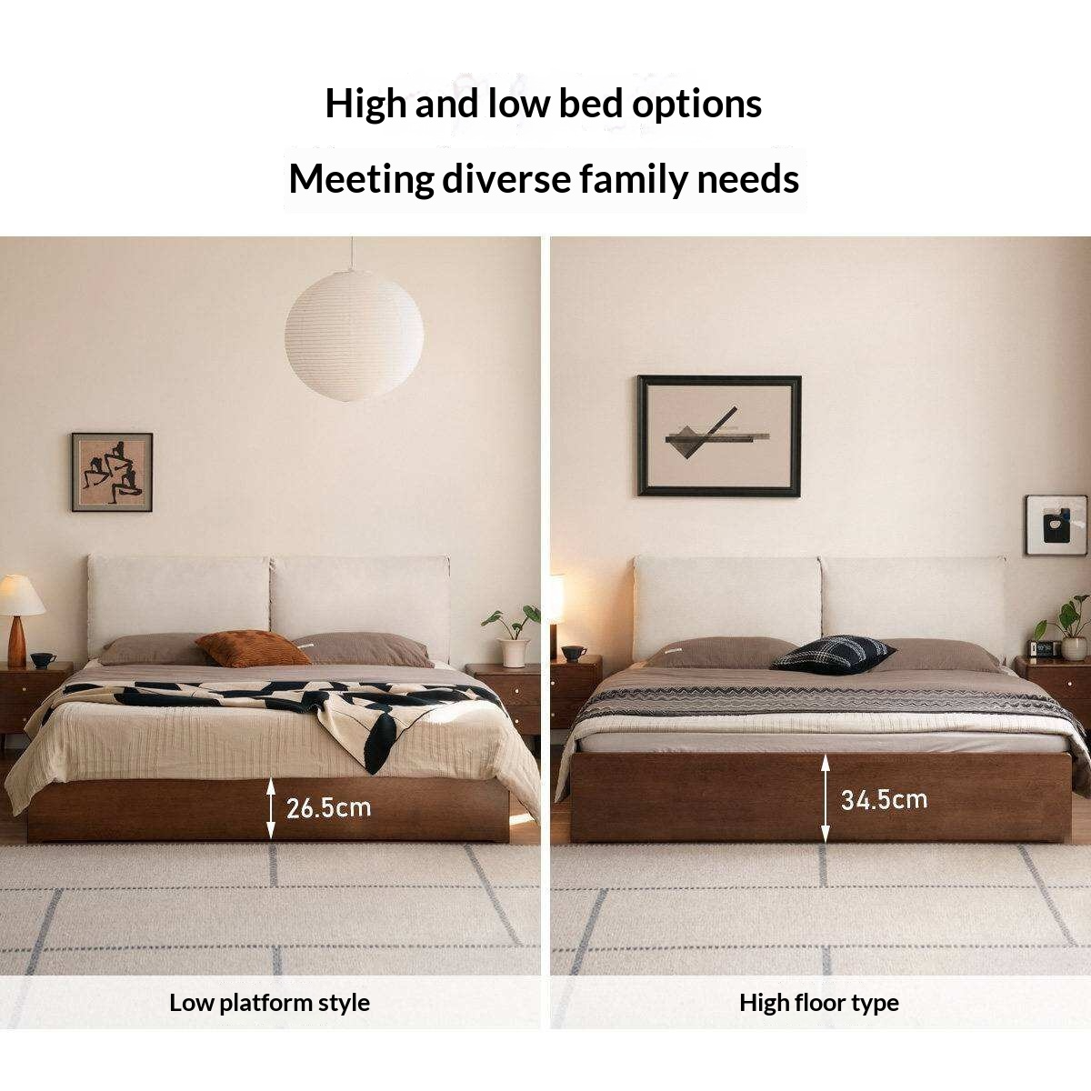 Rubberwood Solid Wood Storage Bed with Lift-Up Platform and Oversized Cushioned Headboard