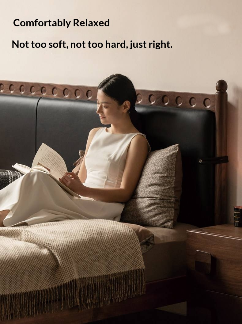 Black Walnut Solid Wood Bed — French Retro Style with Soft Backrest and Genuine Leather Upholstery