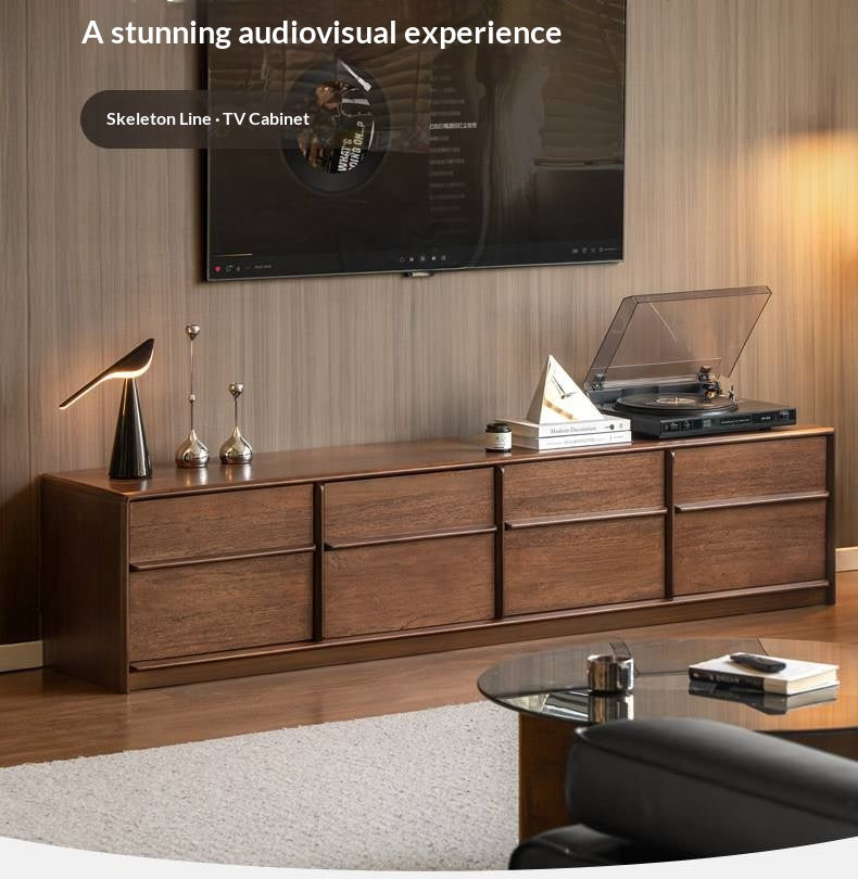 Sandalwood Solid Wood Low Profile TV Console with Fluted Panels