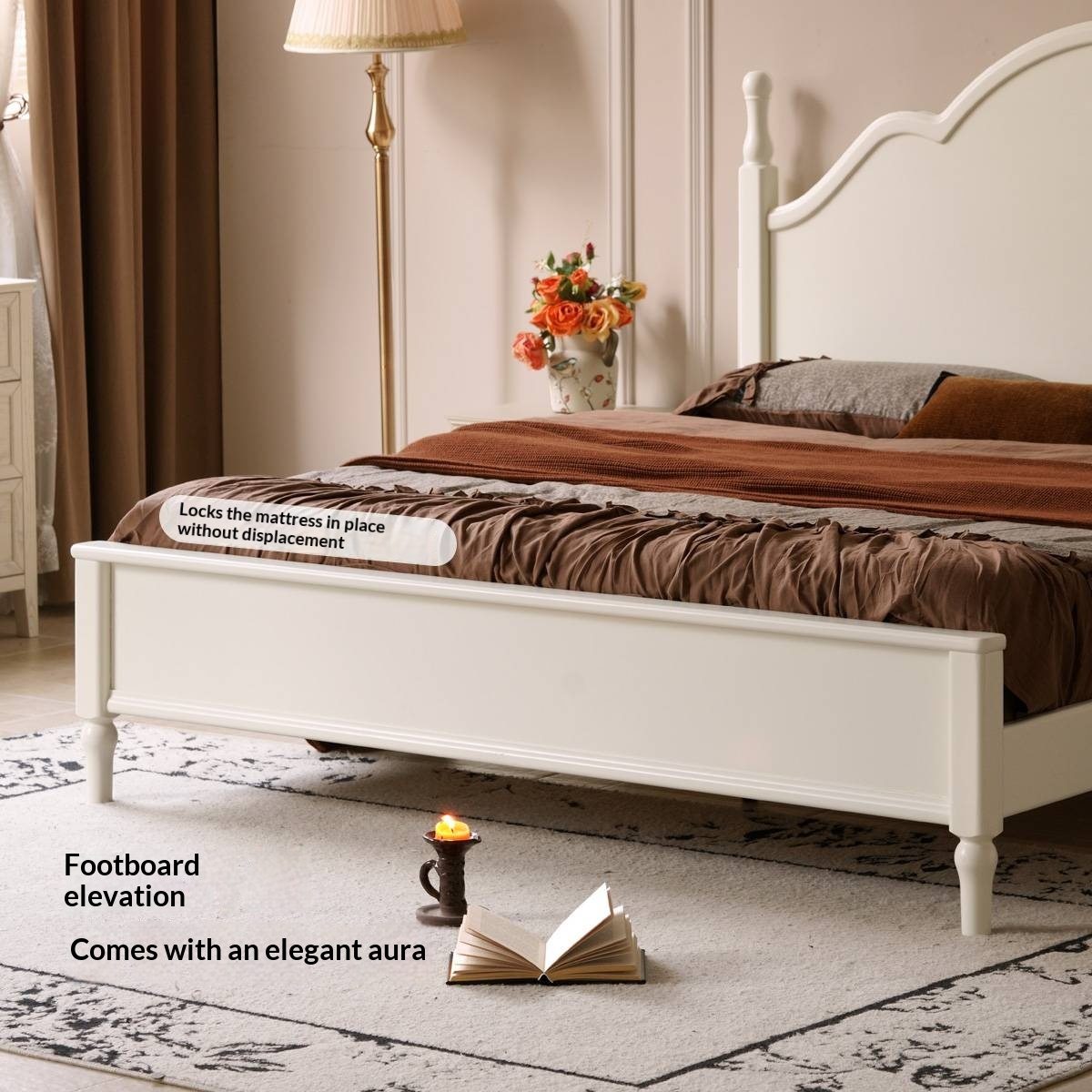 Rubberwood Solid Wood Bed American Retro Cream Style