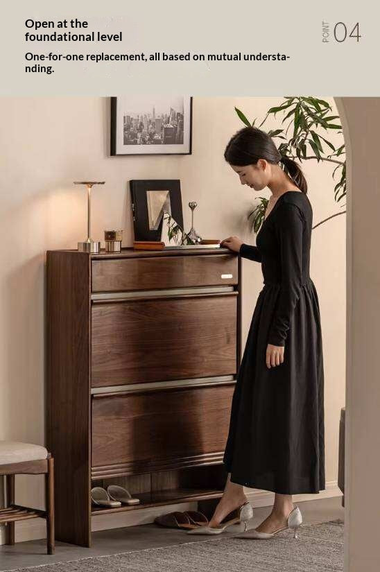 Black Walnut Solid Wood Flip Door Shoe Cabinet, Italian Style Entryway Storage Organizer