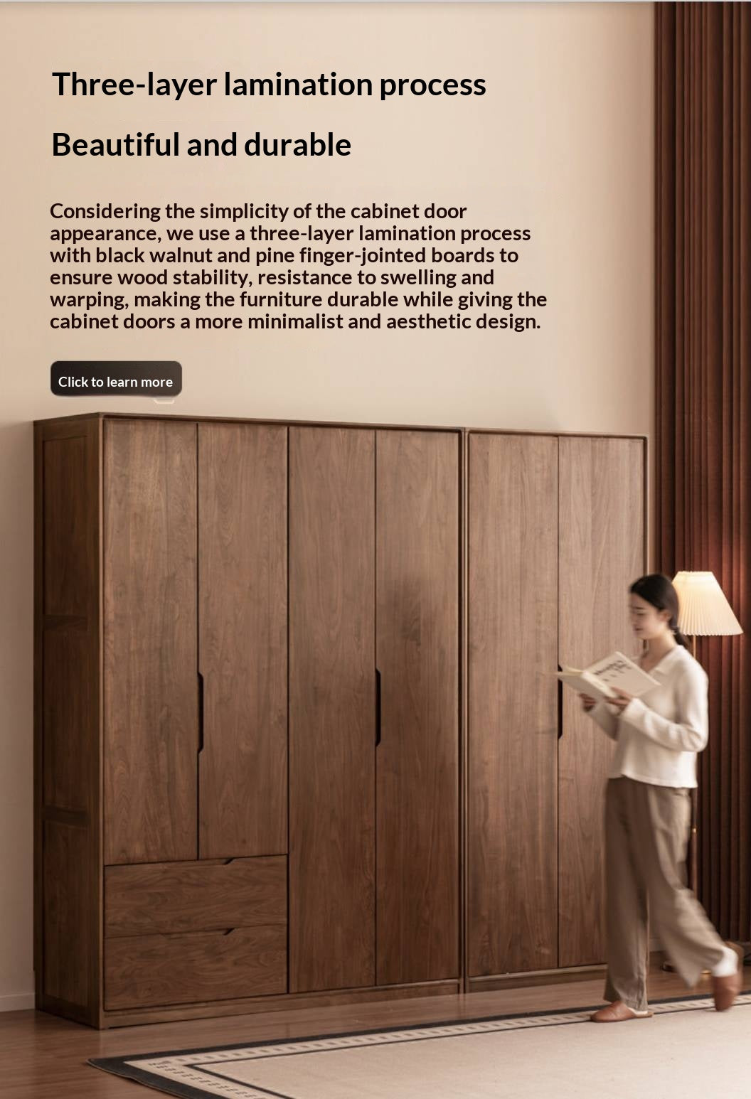 Black Walnut, Sandalwood Solid Wood Large Wardrobe