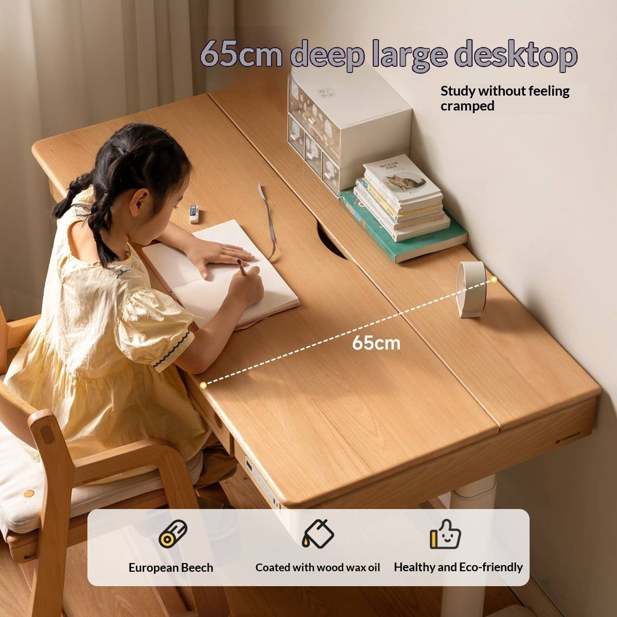 Beech Solid Wood Children's Study Desk with Electric Lift