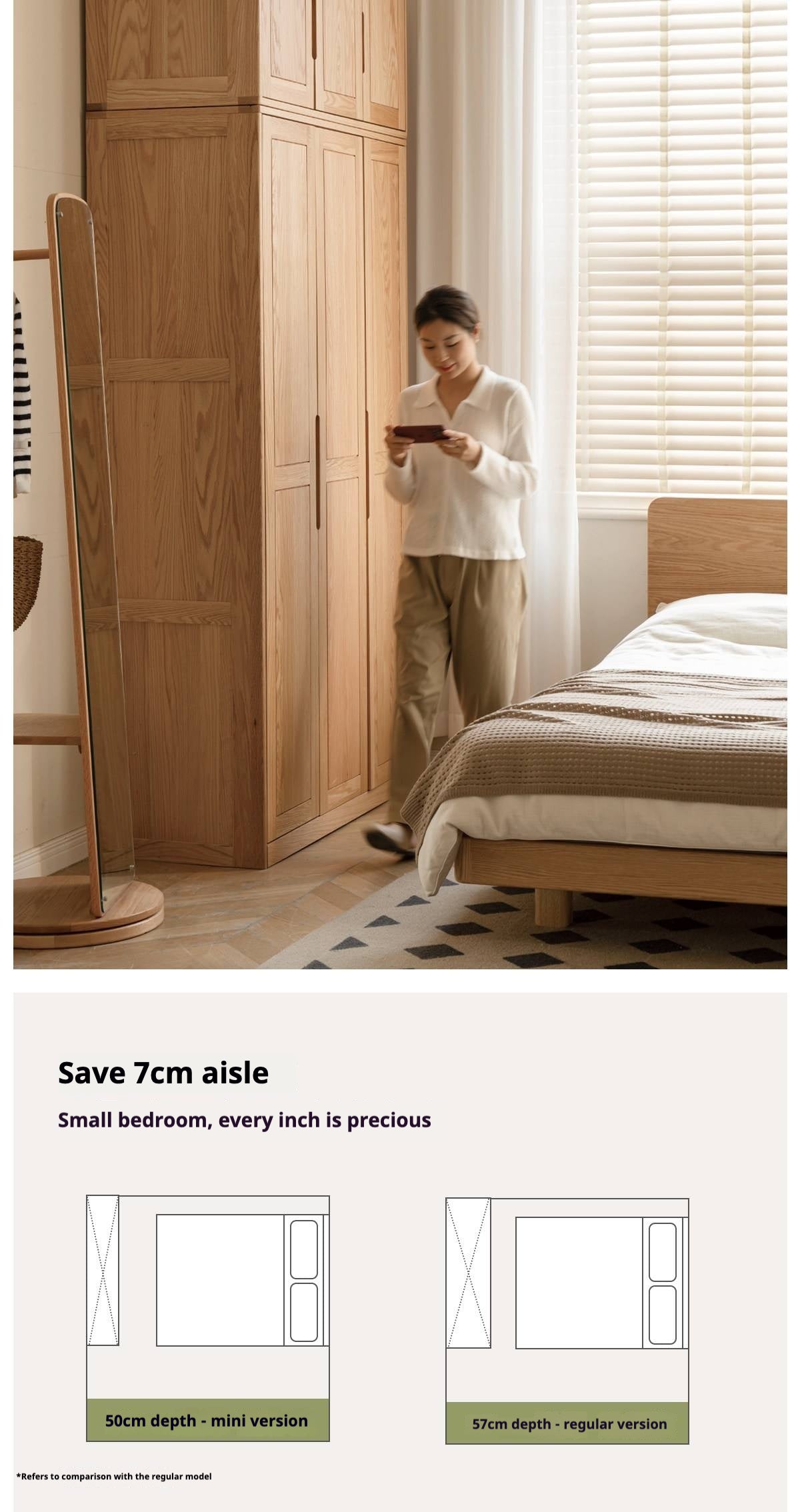 Oak Solid Wood narrow Wardrobe with Framed Panel Doors and Adjustable Layout