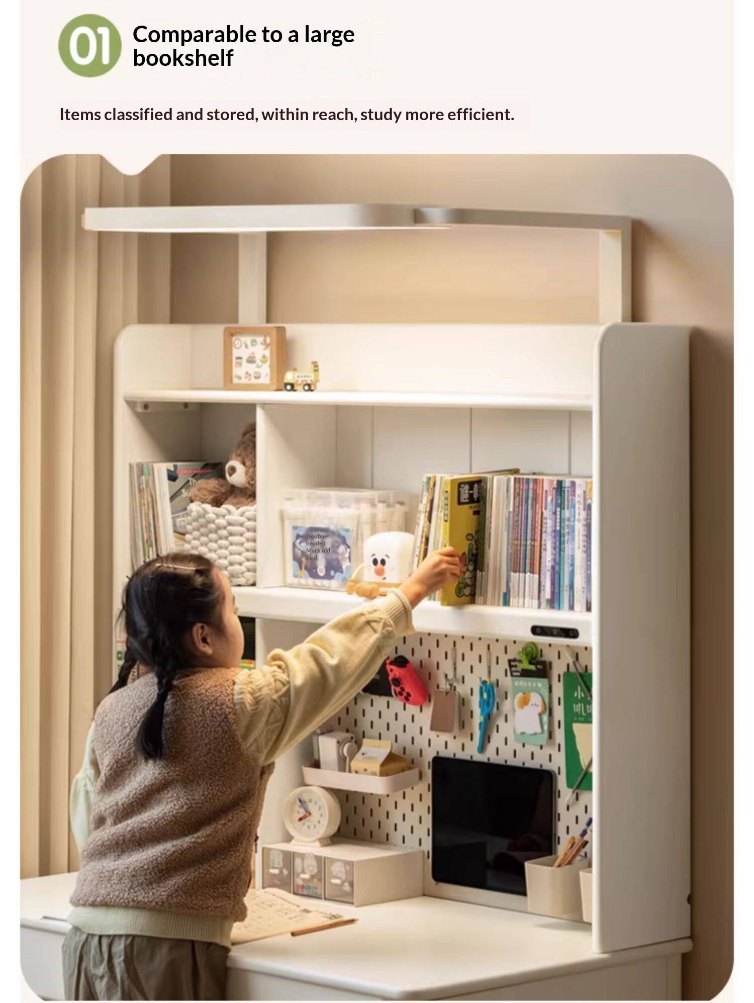 Solid RubberWood Cream Style Bookshelf Integrated Kids Table