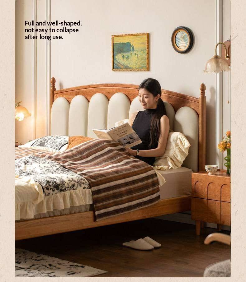 Cherry Solid Wood Genuine Leather, Velvet French-Inspired Scalloped Headboard Bed