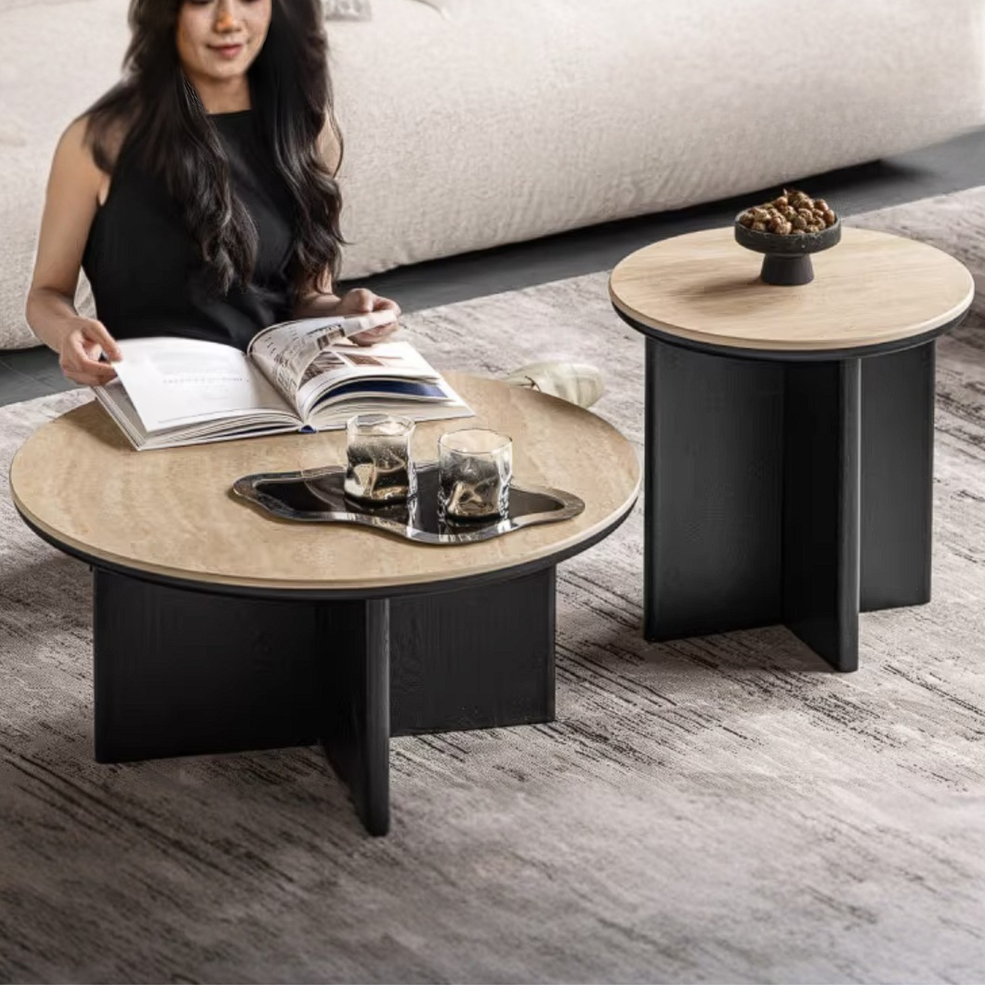 Ash Solid Wood Round Coffee Table with Slate Top and Modern Casual Design