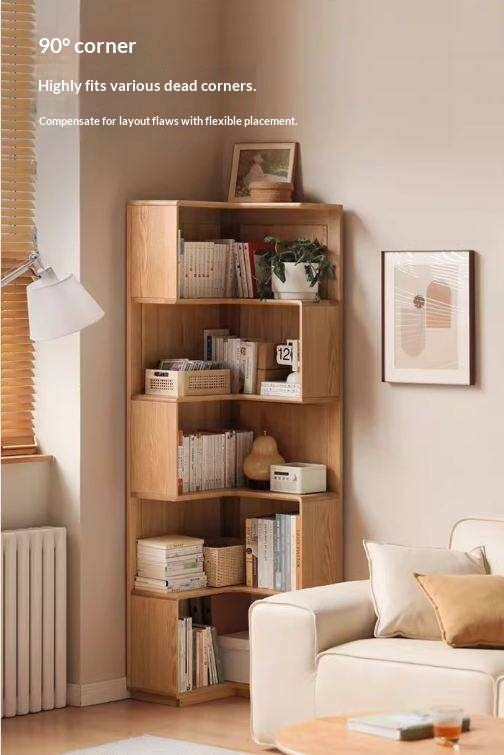 Oak Solid Wood Corner Bookshelf with Floor-Standing Storage Cabinet