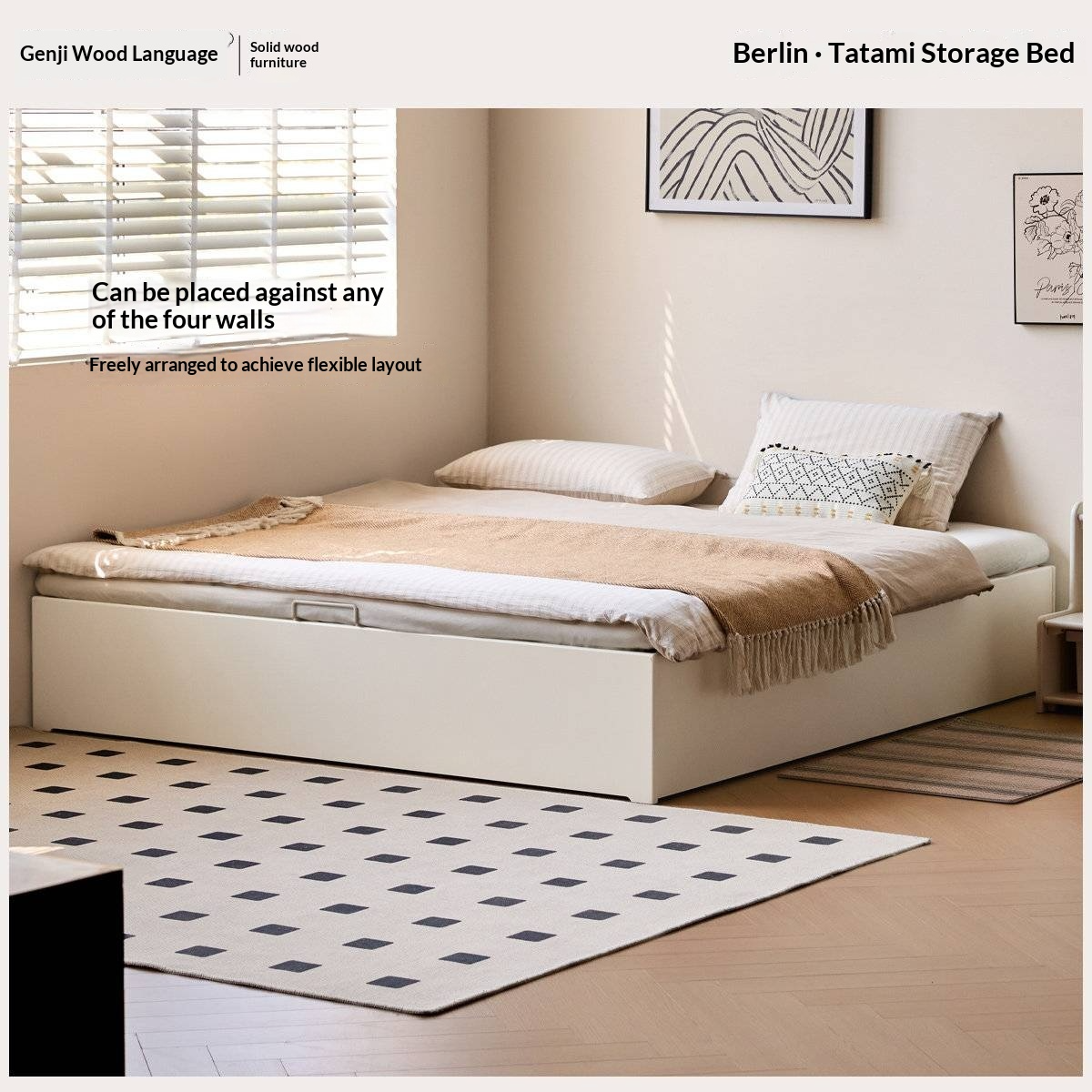 Rubberwood Solid Wood Storage Bed with No Headboard and Side-Opening Lid