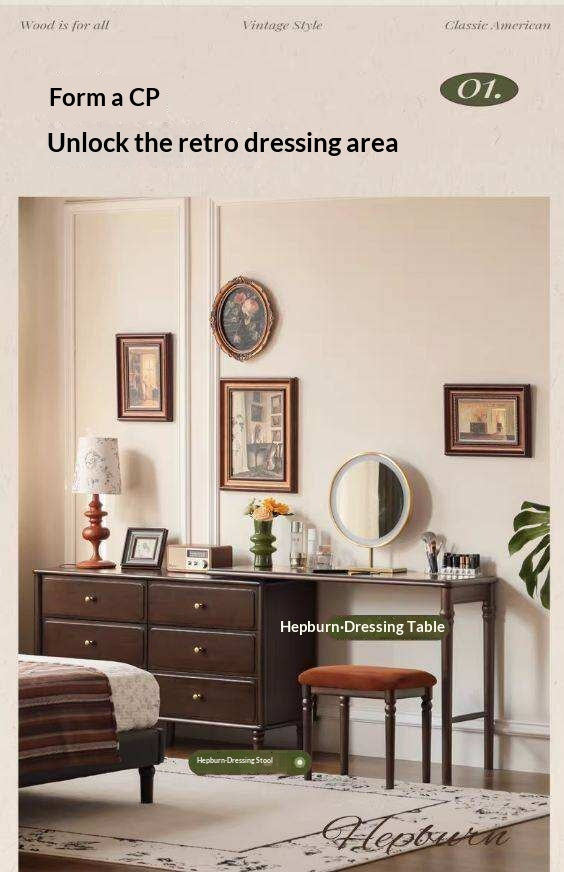 Beech Solid Wood American Retro Style Makeup Stool