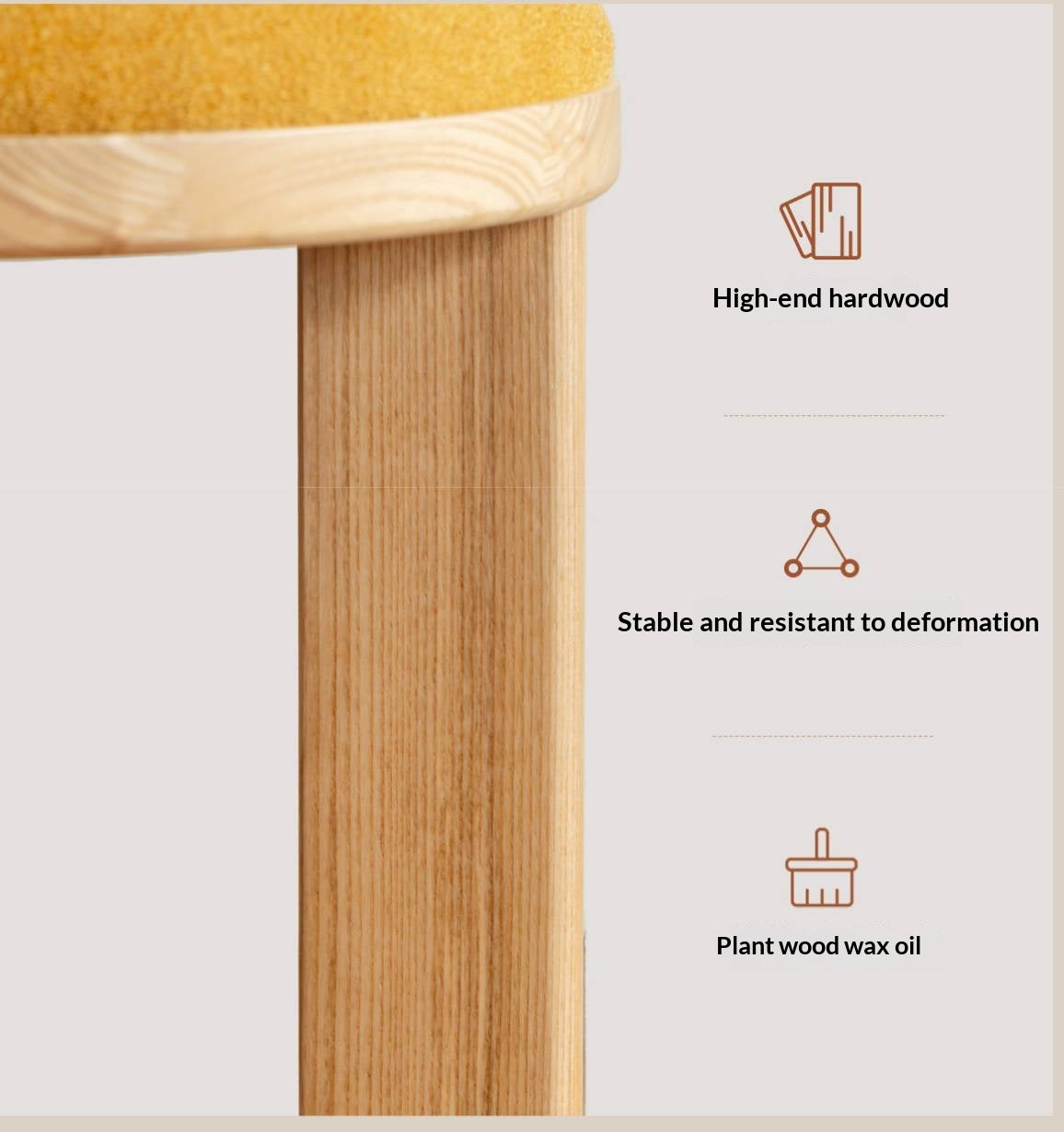 Ash Solid Wood Round Upholstered Stool with Slab Wood Legs